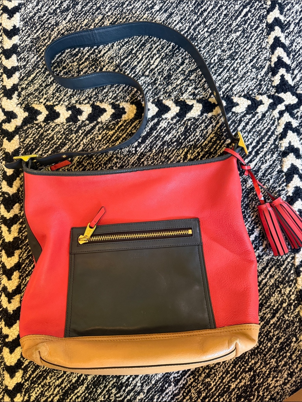 Coach Colorblock Leather Shoulder Bag in Red, Black & Tan